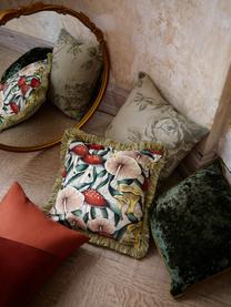 Federa arredo in velluto con motivo funghi e frange Devas, Frange: 100% cotone, Beige, verde, rosso, Larg. 45 x Lung. 45 cm