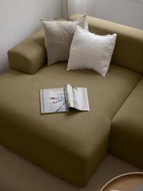 Divano angolare 3 posti Melva, Rivestimento: 100% poliestre Il rivesti, Struttura: pino massiccio, certifica, Tessuto verde oliva, Larg. 239 x Prof. 143 cm, chaise-longue a sinistra