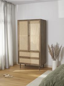 Kleiner Kleiderschrank Aries mit Wiener Geflecht, 2-türig, Gestell: Spanplatte mit Eichenholz, Beine: Massives Eichenholz, Wiener Geflecht: Zuckerrohr, Holz, dunkel lackiert, B 100 x H 194 cm