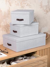 Set de cajas Inge II, 3 uds., Caja: canvas, cartón rígido (10, Asa: cuero, Gris claro, Set de diferentes tamaños