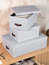 Set de cajas Inge II, 3 uds., Caja: canvas, cartón rígido (10, Asa: cuero, Gris claro, Set de diferentes tamaños