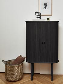 Highboard Calary mit geriffelter Front, Korpus: Mitteldichte Holzfaserpla, Beine: Massives Eichenholz, FSC-, Griffe: Metall, gebürstet, Schwarz, B 75 x H 130 cm