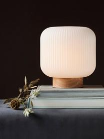 Malá lampa na noční stolek Milford, Opálově bílá, světlé dřevo, Ø 20 cm, V 21 cm