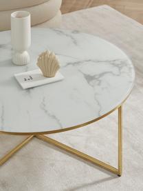 Tavolino rotondo XL da salotto con piano in vetro effetto marmo Antigua, Struttura: metallo ottonato, Bianco marmorizzato, ottonato, Ø 100 x Alt. 35 cm