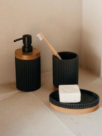 Dispenser sapone con dettaglio in legno Laura, Materiale sintetico, legno di acacia, Nero, Ø 8 x Alt. 18 cm