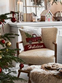 Povlak na polštář s vyšívanými detaily Happy Holidays, 100% bavlna, Béžová, červená, Š 45 cm, D 45 cm