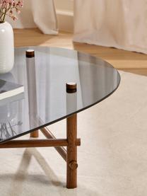 Glazen salontafel Pond met organische vorm, Tafelblad: gehard glas, Frame: massief eikenhout, Walnoot, transparant, B 114 x H 33 cm