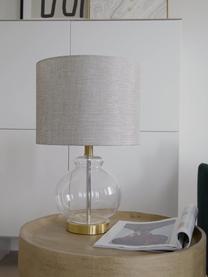 Tafellamp Natty met glazen onderstel, Lampenkap: textiel, Lampvoet: glas, Voetstuk: geborsteld messing, Taupe, transparant, Ø 31 x H 48 cm