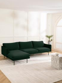 Canapé d'angle en velours et pieds en métal Moby, Velours vert foncé, larg. 280 x prof. 160 cm, méridienne à gauche