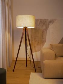 Lámpara de pie trípode escandinava de madera maciza Jake, Pantalla: lino, Cable: plástico, Crema, marrón oscuro, Ø 60 x Al 150 cm