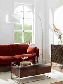 Grand lampadaire arc moderne Niels, Abat-jour : blanc Pied de lampe : couleur laiton Câble : transparent, larg. 157 x haut. 218 cm