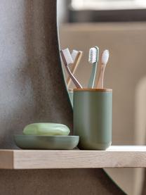 Set 6 accessori bagno Decent, Contenitore: polipropilene, Coperchio: bambù, Verde salvia, legno chiaro, Set in varie misure