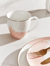 Porseleinen koffiemokken Rosie met abstract patroon en goudkleurige rand, 2 stuks, Porselein, Wit, roze, Ø 12 x H 9 cm