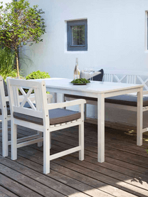 Table de jardin en bois blanc Rosenborg, 165x80 cm, Bois d'acajou, laqué, Blanc, larg. 165 x prof. 80 cm