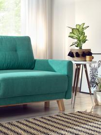 Divano letto 3 posti in velluto con contenitore Balio, Rivestimento: 100% velluto di poliester, Piedini: Legno, Tessuto verde smeraldo, legno di faggio, legno chiaro, Larg. 216 x Alt. 102 cm