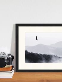 Ingelijste digitale print Bird Flying Over Misty Hills, Afbeelding: digitale print op papier,, Lijst: gelakt hout, Zwart, wit, B 43 cm x H 33 cm