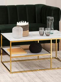 Tavolino da salotto con piano in vetro Alisma, Struttura: acciaio ottonato, Bianco marmorizzato, dorato, Larg. 90 x Prof. 60 cm