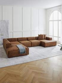Modulaire woonlandschap Lennon van gerecycled leer, Bekleding: gerecycled leer (70% leer, Frame: massief hout, multiplex, Poten: kunststof, Leer bruin, B 418 x D 269 cm, hoekdeel rechts