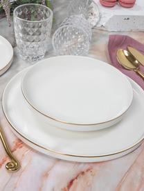 Set stoviglie con bordo Luxury, 4 persone (12 pz), Fine Bone China (porcellana)
Fine bone china è una porcellana a pasta morbida particolarmente caratterizzata dalla sua lucentezza radiosa e traslucida, Bianco con bordo oro, Set in varie misure