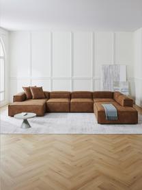 Modulaire woonlandschap Lennon van gerecycled leer, Bekleding: gerecycled leer (70% leer, Frame: massief hout, multiplex, Poten: kunststof, Leer bruin, B 418 x D 269 cm, hoekdeel rechts