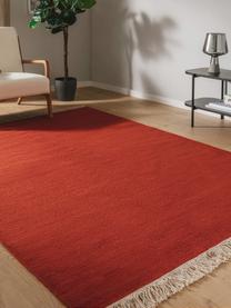 Ručne tkaný vlnený koberec so strapcami Liv, 80 % vlna, 20 %  polyester

V prvých týždňoch používania môžu vlnené koberce uvoľňovať vlákna, tento jav zmizne po niekoľkých týždňoch používania, Hrdzavočervená, Š 80 x D 150 cm (veľkosť XS)