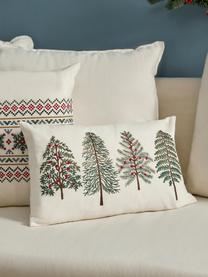 Federa arredo rettangolare ricamata con motivo invernale Fenna, 100% cotone, Verde scuro, bianco crema, rosso, Larg. 30 x Lung. 50 cm