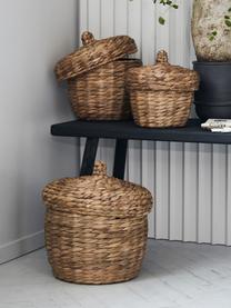 Set de cestas con tapadera Aske, 3 uds., Cesta: jacintos de agua, Estructura: metal, Marrón, Set de diferentes tamaños