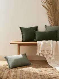 Copricuscino in lino con frange Luana, 100% lino

Il lino per sua natura tende ad avere una sensazione ruvida al tatto e un aspetto naturale sgualcito
L'alta resistenza allo strappo rende il lino resistente all'abrasione e all'usura, Verde scuro, Larg. 40 x Lung. 40 cm