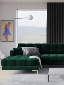 Fluwelen hoekbank Mamaia (5-zits), Frame: massief grenenhout, spaan, Fluweel flessengroen, messingkleurig, B 293 x D 185 cm, hoekdeel links