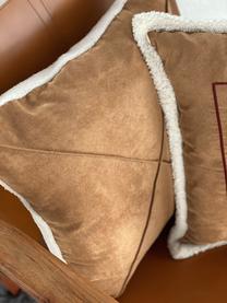 Copricuscino effetto pelle marrone/bianco con bordino in teddy Tahoe, 100% poliestere, Marrone chiaro, Larg. 50 x Lung. 50 cm