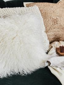 Housse de coussin en peau d'agneau à longs poils frisés Ella, Blanc, larg. 40 x long. 40 cm