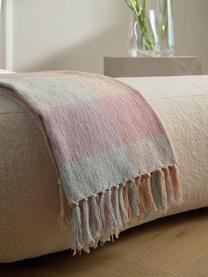 Coperta in cotone a quadri con frange in tonalità pastello Karen, 100% cotone, Rosa, ambrato, azzurro, Larg. 130 x Lung. 170 cm