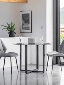 Mesa de comedor redonda Connolly, tablero de vidrio en aspecto mármol, Ø 110 cm, Tablero: vidrio tintado negro, Patas: metal recubierto, Aspecto mármol negro, negro, Ø 110 cm