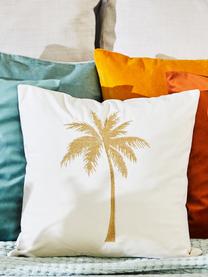 Glänzende Samt-Kissenhülle Palmsprings mit Stickerei, 100% Polyestersamt, Cremeweiss, Goldfarben, B 40 x L 40 cm