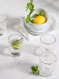Vasos artesanales con relieve Minna, 4 uds., Vidrio soplado artesanalmente, Transparente con borde dorado, Ø 8 x Al 10 cm, 300 ml