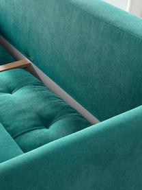 Divano letto 3 posti in velluto con contenitore Balio, Rivestimento: 100% velluto di poliester, Piedini: Legno, Tessuto verde smeraldo, legno di faggio, legno chiaro, Larg. 216 x Alt. 102 cm