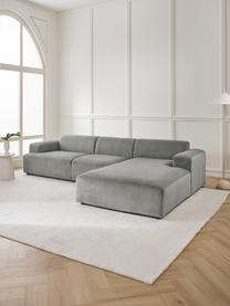Sofa narożna ze sztruksu Melva (4-osobowa), Tapicerka: sztruks (92% poliester, 8, Stelaż: lite drewno sosnowe, cert, Nogi: tworzywo sztuczne, Szary sztruks, S 319 x G 196 cm, prawostronna