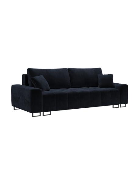 Sofa rozkładana z aksamitu z miejscem do przechowywania Byron (3-osobowa), Tapicerka: aksamit poliestrowy Dzięk, Nogi: metal lakierowany, Ciemny niebieski, S 250 x G 105 cm