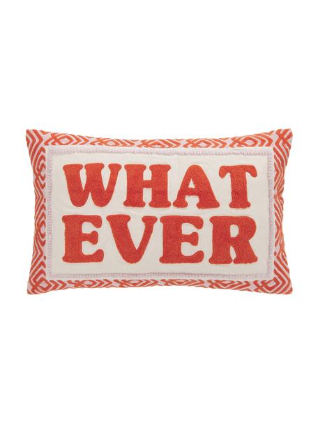Kissenhülle Whatever mit bestickter Aufschrift, Koralle, Cremeweiß, B 30 x L 50 cm