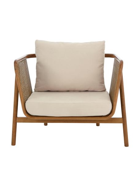 Fotel wypoczynkowy z rattanu Callo, Tapicerka: 100% poliester, Stelaż: drewno bukowe lakierowane, Brązowy, kremowobiały, S 106 x G 79 cm