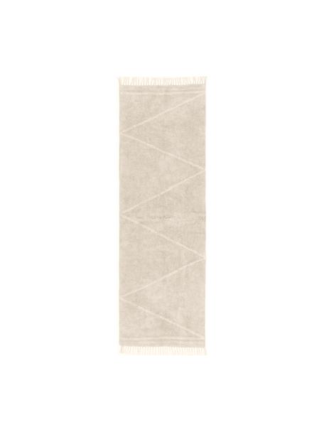 Handgetufte katoenen boho loper Asisa met zigzag patroon en franjes, Beige, wit, B 80 x L 250 cm