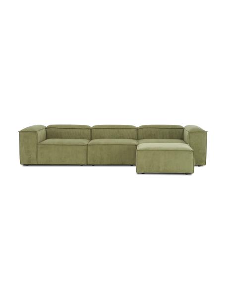 Narożna sofa modułowa ze sztruksu z pufem Lennon (4-osobowa), Tapicerka: sztruks (92% poliester, 8, Stelaż: lite drewno sosnowe, skle, Nogi: tworzywo sztuczne Nogi zn, Sztruksowy zielony, S 327 x G 207 cm