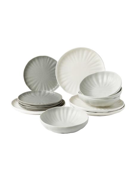 Service de table en porcelaine relief Sali, mat, 4 personnes (12 élém.), Porcelaine, Blanc crème, tons gris, 4 personnes (12 élém.)