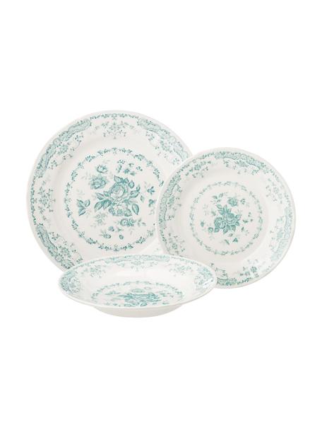 Set 18 piatti in porcellana per 6 persone Rose, Ceramica, Bianco, turchese, Set in varie misure