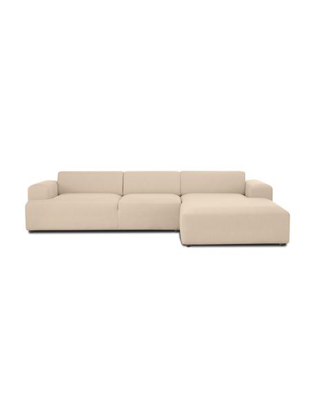 Sofa narożna Melva (4-osobowa), Tapicerka: 100% poliester Dzięki tka, Stelaż: lite drewno sosnowe, cert, Nogi: tworzywo sztuczne, Ciemnobeżowa tkanina, S 319 x G 196 cm, prawostronna