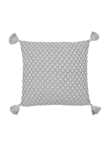 Gebreide kussenhoes Astrid met kwastjes in grijs, 100% gekamd katoen, Grijs, B 50 x L 50 cm