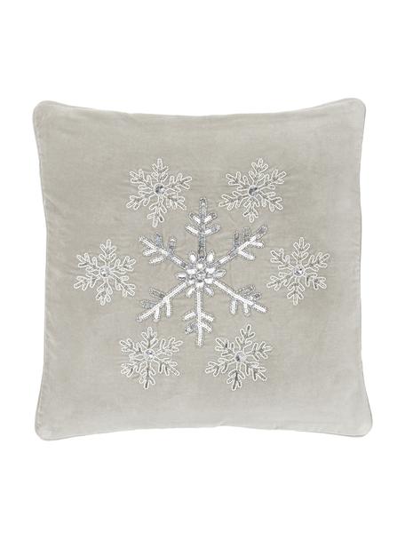 Bestickte Samt-Kissenhülle Snowflake in Grau, Samt (100% Baumwolle), Grau, 45 x 45 cm