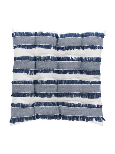 Baumwoll-Sitzkissen Raja mit Fransen, Bezug: 100% Baumwolle, Cremeweiß, Blau, B 40 x L 40 cm