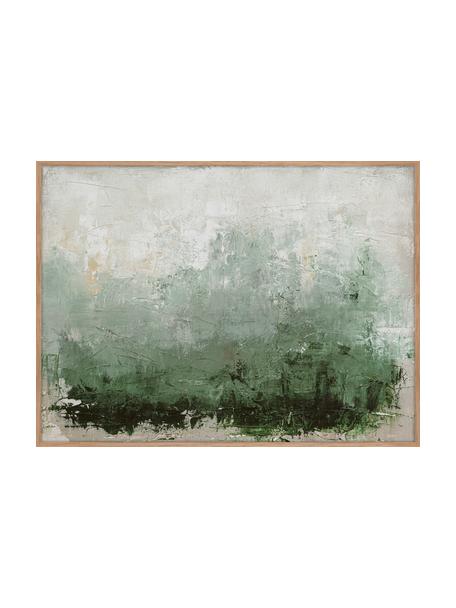Handbeschilderde canvasdoek New Story met houten frame, Lijst: eikenhout, Beige, groentinten, B 120 x H 92 cm