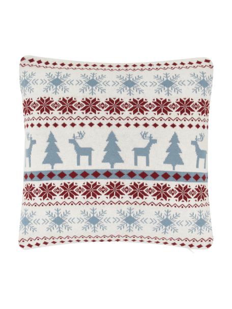 Federa arredo a maglia con motivo natalizio David, 100% cotone, Crema, rosso scuro, blu, Larg. 40 x Lung. 40 cm